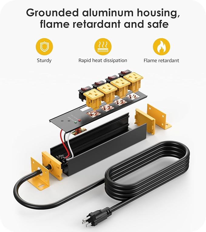 CCCEI Heavy Duty Surge Protector Power Strip 20 Amp Individual Switches. 25FT 12 Gauge Extension Cord with Multiple Outlets. Kitchen, Garage, Shop, Industrial Wall Mount Electric Extender, Yellow.