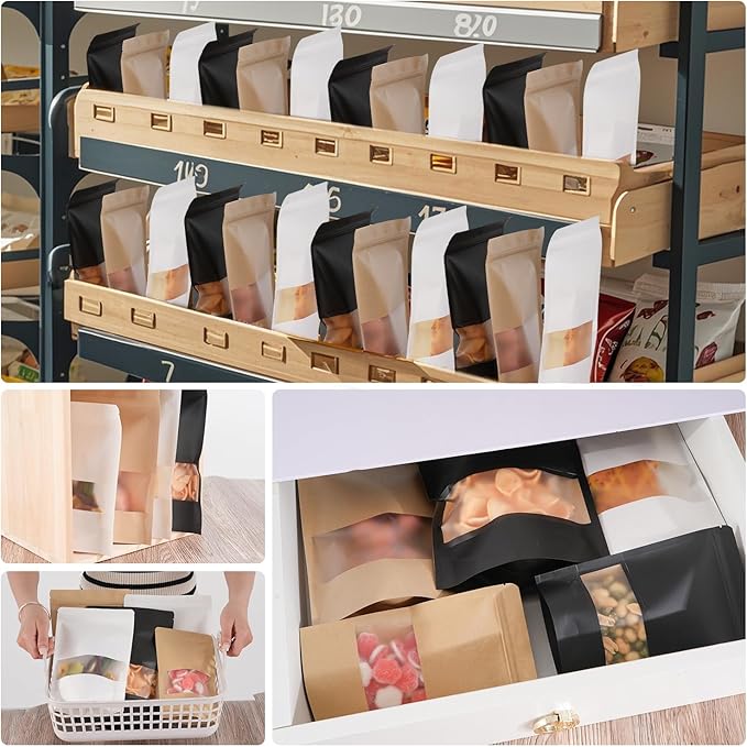 100 Pcs White Kraft Paper Bags with Window, 3.5" x 5.5" Stand Up Pouches Bags, Zip Lock Food Storage Bags for Packaging Products, Reusable, Sealable