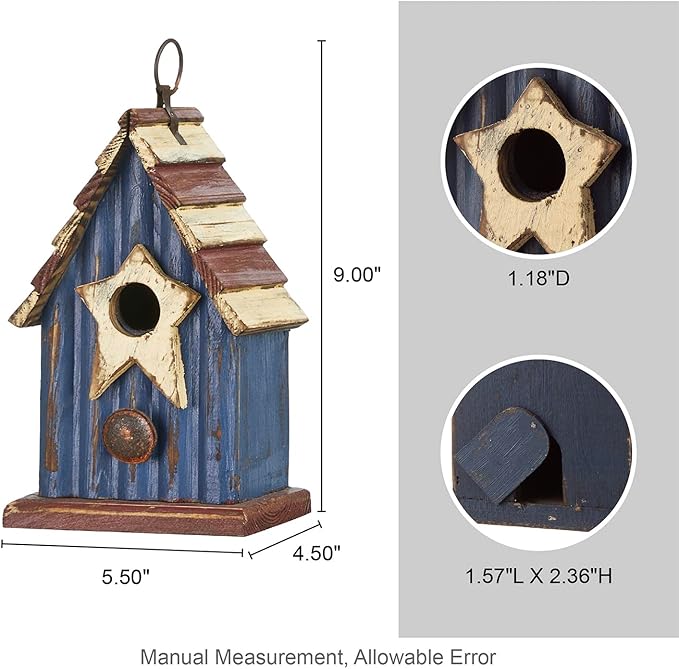 Glitzhome Rustic Patriotic Garden Distressed Wooden Decorative Bird House 9" H