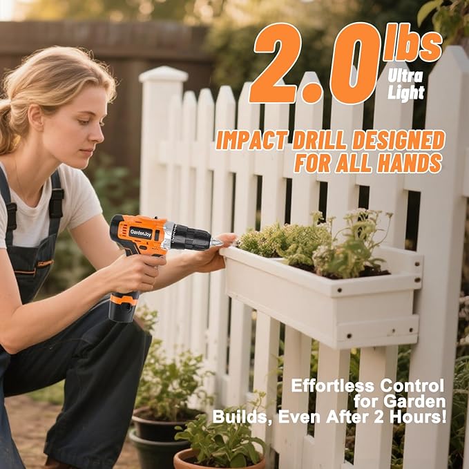 12V Orange Portable Drill Set, 2 Batteries + Fast Charger Included, 2-Speed Control, 3/8" Keyless Chuck, 24+1 Torque Settings, LED Work Light for DIY