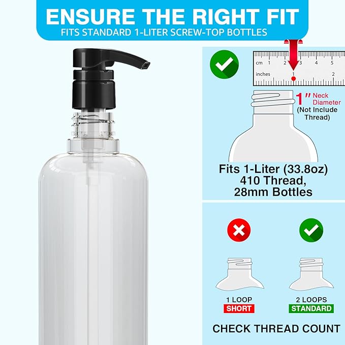 6 Pcs Black Shampoo Conditioner Pump Dispenser, Leak Proof for Body Wash, Gel, Shampoo Pumps fits 1 Liter/33.8 Oz Bottles