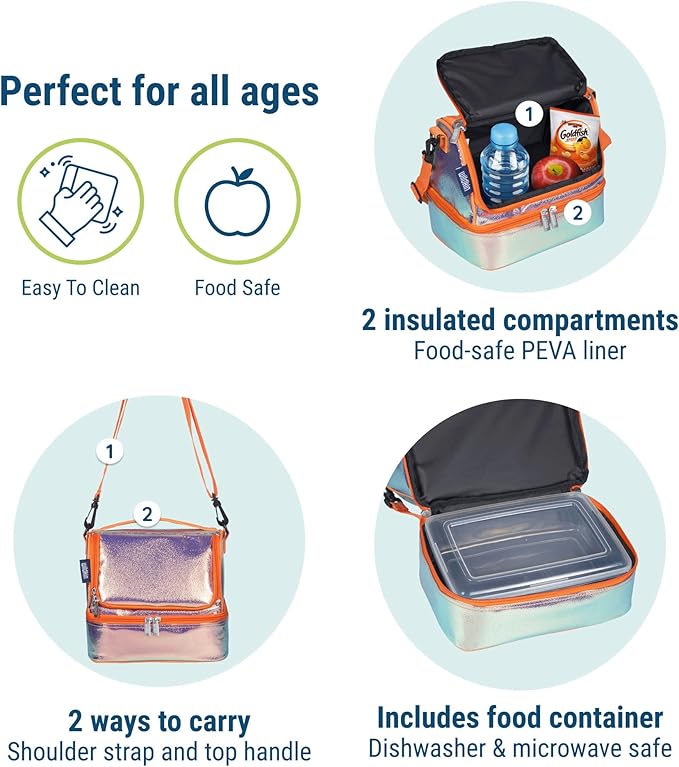 Wildkin Two Compartment Insulated Lunch Bag for Kids – School & Travel Ready - Orange Shimmer