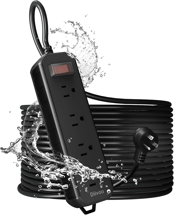 Outdoor Power Strip Weatherproof, 50 FT Extension Cord, Diivoo Waterproof Surge Protector with 4 Outlets, 1250W Shockproof Overload Protection, Flat Plug, Wall Mountable, Black