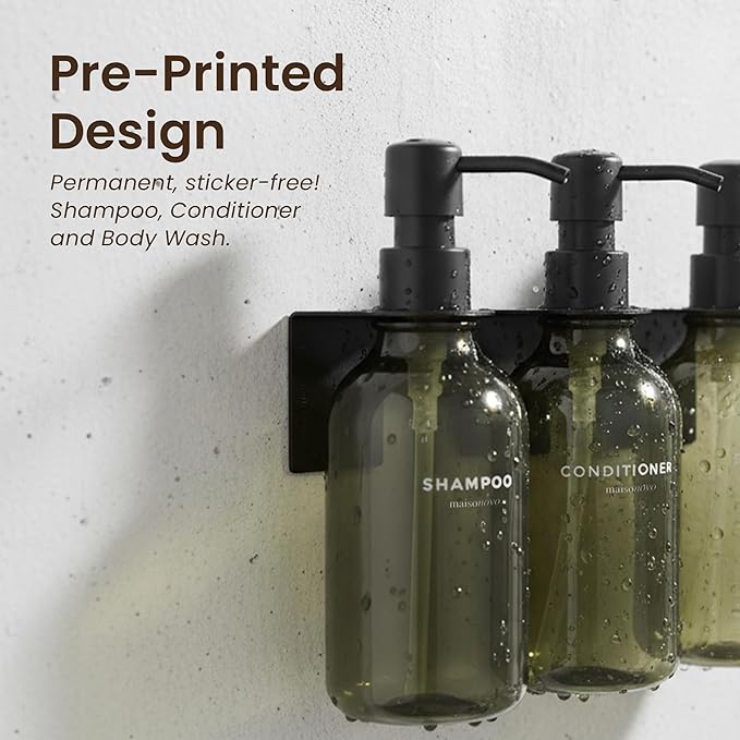 MaisoNovo Shampoo and Conditioner Dispenser - Shower Soap Dispenser Wall Mounted - 16.9 fl oz Set of 3 Green Plastic Bottles Black Pump - Shampoo Dispenser, Shower Dispenser