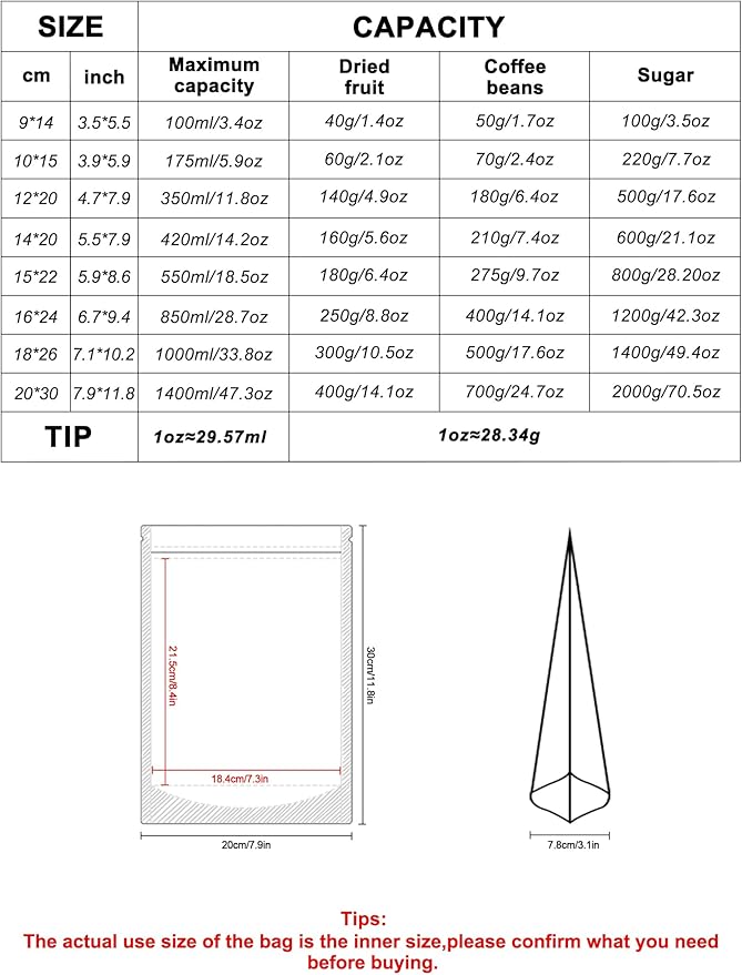 FireKylin 100 PCS Stand Up Pouches,7.9" x 11.8" Paper Bags With Window Clear Front Pouches Resealable Zipper Food Storage White