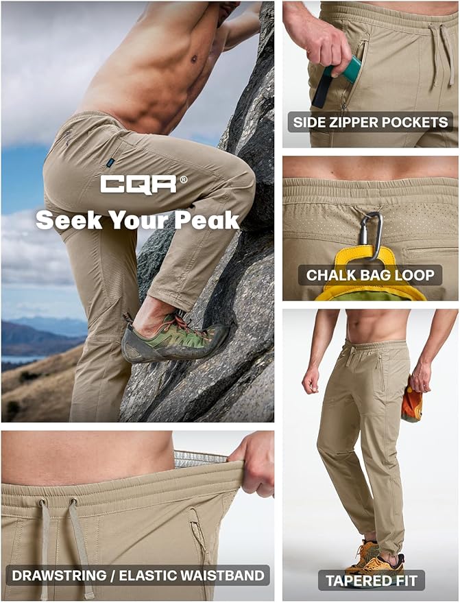 CQR Men's Lightweight Vent Hiking Pants, Water-Resistant & Breathable Sports Outdoor Athletic Pants with Elastic Waist