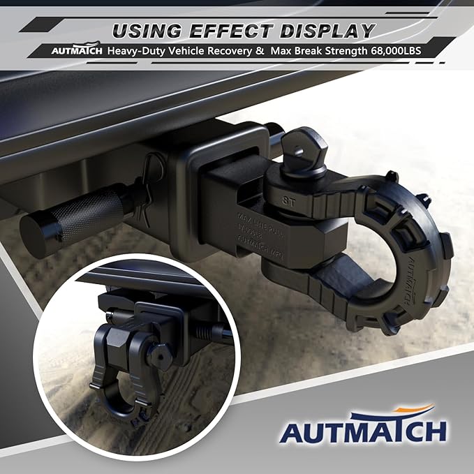 AUTMATCH Shackle Hitch Receiver 2" with 3/4" Mega D Ring Shackle and 5/8" Trailer Hitch Lock Pin, 68,000 Lbs Break Strength Heavy Duty Receiver Towing Kit for Off-Road Vehicle Recovery, Matte Black