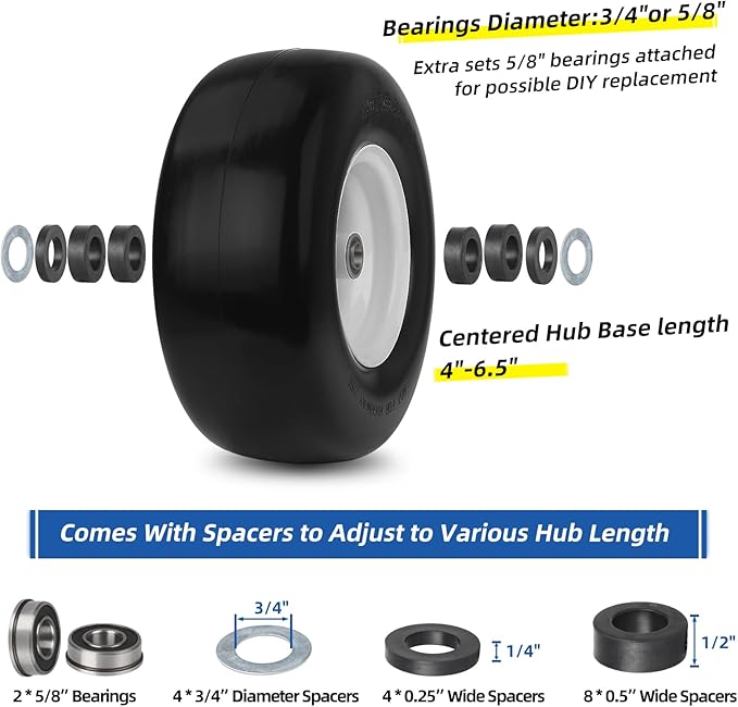 13x6.50-6 Flat Free Lawn Mower Tire and Wheel, Solid Smooth Zero Turn Mower Front Tire Assembly, with 3/4" & 5/8" Bearing, 4"-6.5" Centered Hub, Compatible with Lawnmower Garden Tractor, 2 Pack
