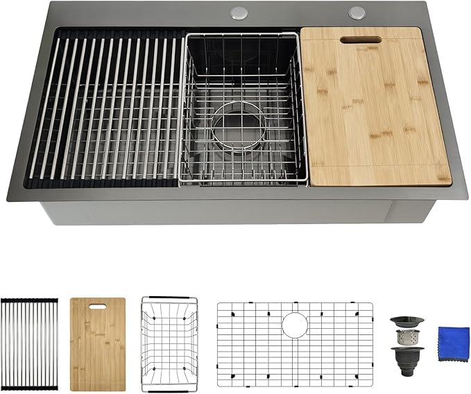 33x19 Black Kitchen Sink Drop In - 33 Inch Drop In Kitchen Sink Workstation, Black Stainless Steel Sinks, 16 Gauge Single Bowl Top Mount Workstation Sinks by Delironexu with 6 Accessories