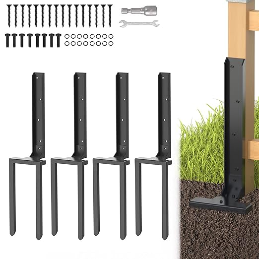 Fence Post Repair Kit 4 Pcs, Post Stake Double Ground Spike with Black Powder-Coated for Repair Tilted/Broken Wood Fence Post