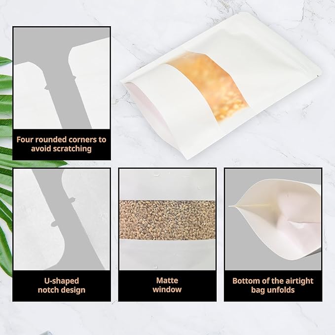 50Pcs 8"X12" White Kraft Paper Bags with Window,Reusable Zip Lock Stand Up Pouches for Food Storage，Resealable Packaging Bags for Small Business,Coffee,Candy,Cookie,Snacks,Tea
