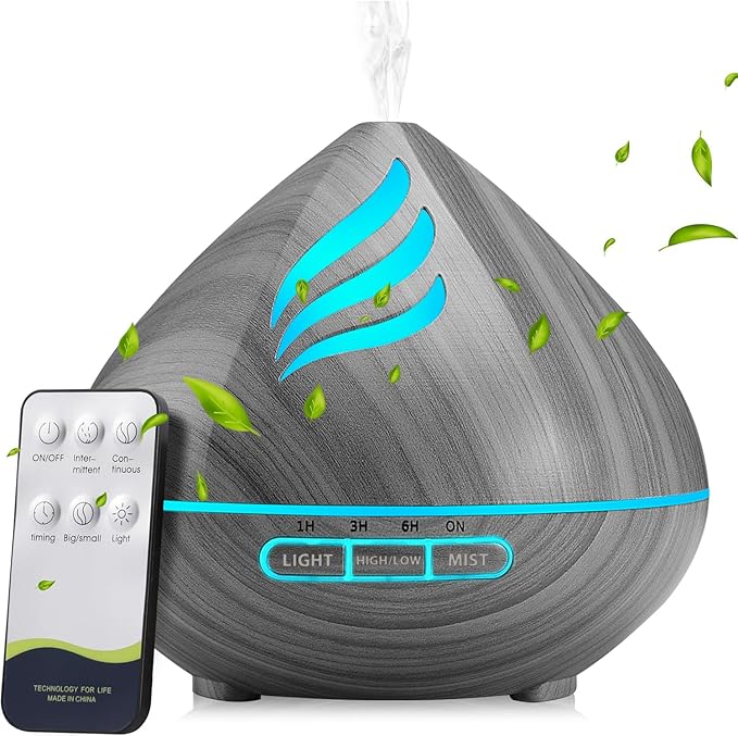 Essential Oil Scent Diffuser: 500ML Aroma Diffuser with Remote Control, Large Fragrance Aromatherapy Diffuser for Bedroom Home, Mist Humidifier with 14 Colors LED Lights and waterless Auto-Off, Grey