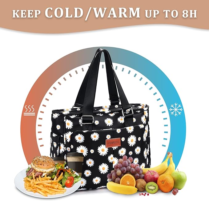Large Floral Insulated Handbag for Women Work, 12L Leakproof Lunch Cooler Tote with Storage Pocket, Reusable for Picnic Hiking