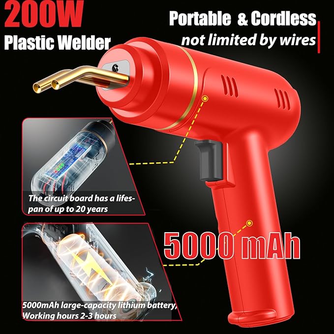 200W Cordless Plastic Welder, Plastic Welding Kit with 1200PCS Hot Stapler, USB Rechargeable Plastic Welder Gun with 5000mAh Battery, Plastic Weld Bumper Repair Kit for Most Plastic Repair
