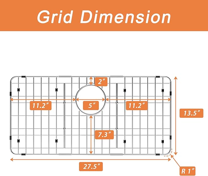 Large Sink Protector for Kitchen Sink,Metal Sink Rack 27.5" X 13.5",Stainless Steel Sink Grid for Bottom of Sink with Strainer,Corner Radius 1",Sink Grate with Rear Drain Hole for Single Bowl,1 Pack