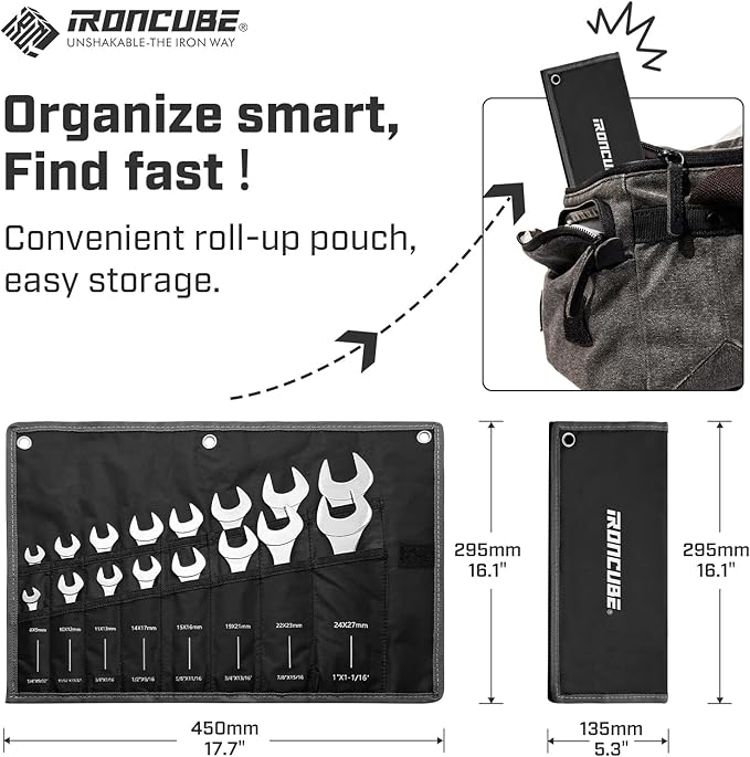 16-Piece Super-Thin Double Open End Wrench Set: 3mm Extra-Slim Profile for Tight Spaces – Complete SAE & Metric Sizes – Full Range Tool Kit for Car Repair, Garage & Home