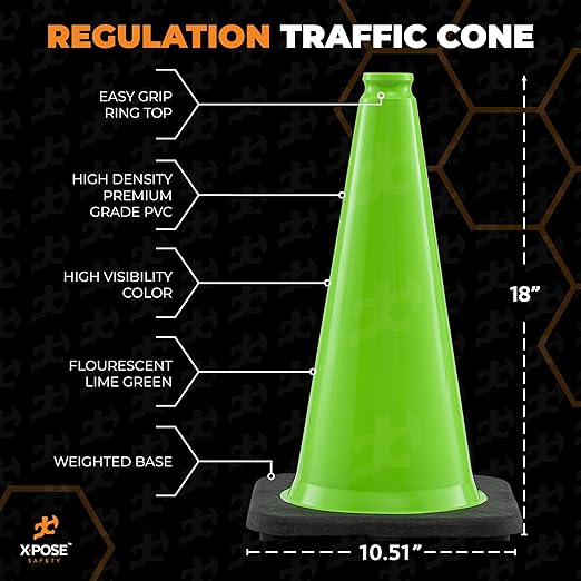 Xpose Safety 18” Lime Green Traffic Cone - 12 Pack - Premium PVC Safety Cone for Parking, Caution, Construction, Road Crews, Emergency Vehicle - DOT Approved