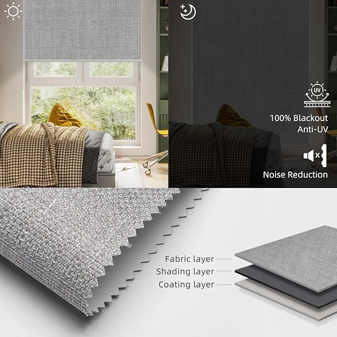SmartWings Motorized Roller Shades Work with Homekit, Alexa Google, 100% Blackout Smart Blinds for Windows, Cordless Remote Control Window Shades, Vigor Pale Grey, Customized Size