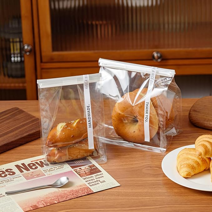 50 Pcs Bread Bags for Homemade Breads, 5.1 Inch Clear Bakery Bags with Tin Tie, Small Loaf Plastic Bag, Storage PackingBag for Foods