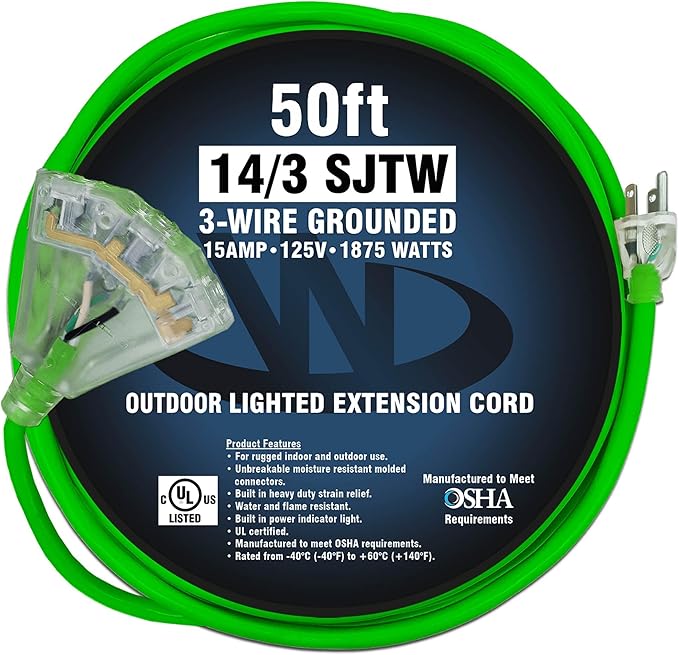 50 ft Outdoor Extension Cord Waterproof - 14 Gauge Heavy Duty Extension Cord Splitter - Lighted Outdoor Extension Cords with Multiple Outlets - Watts Wire - 50' Grounded - extensiones electricas