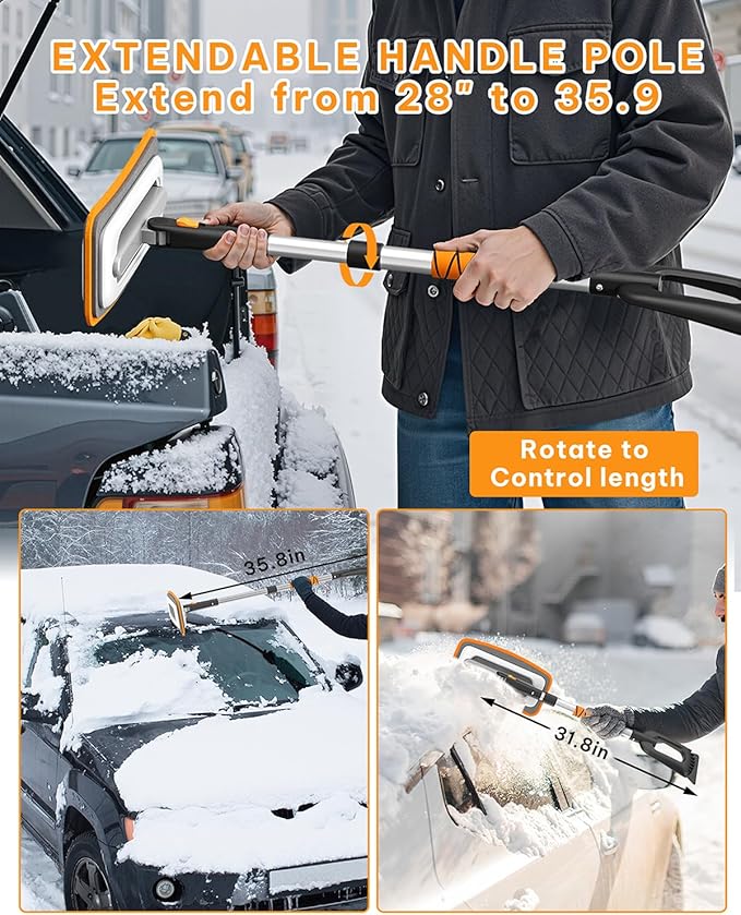 helloleiboo 39.8" Ice Scrapers for Car Windshield and Detachable 2-in-1 Snow Broom for Car with 12-Inch 180° Pivoting Head – The Ultimate Winter Tool for Car Truck and SUV (Orange)