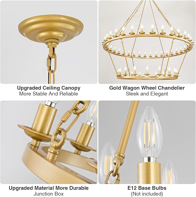Wagon Wheel Chandelier, 2-Tier 36-Light Gold Extra Large Modern Rustic Farmhouse Chandelier Adjustable Height Light for High Ceiling Living Room, Entryways, Foyer, Dining Room