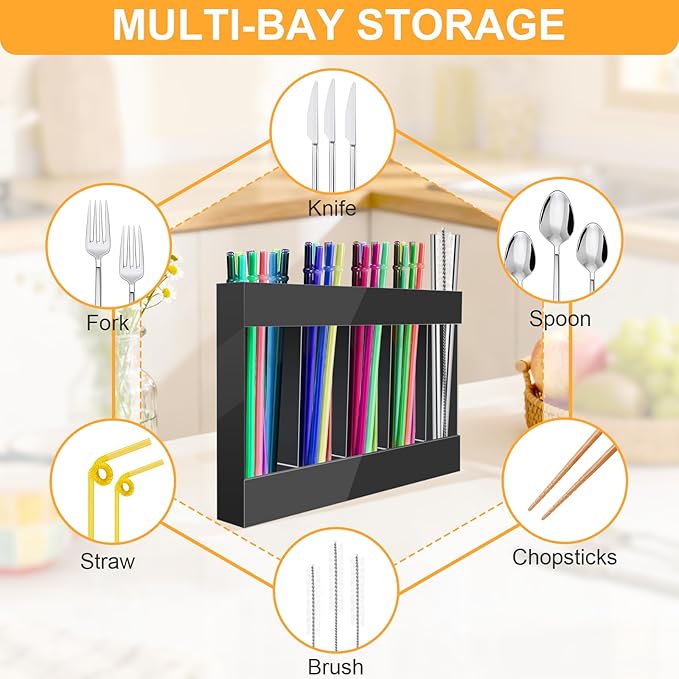 Straw Holder Acrylic for Cabinet Reusable Organizer Dispenser 5-Grid Straw Rack Comes with 8 Double-Sided Tapes and 15 Classification Label Stickers (Black)