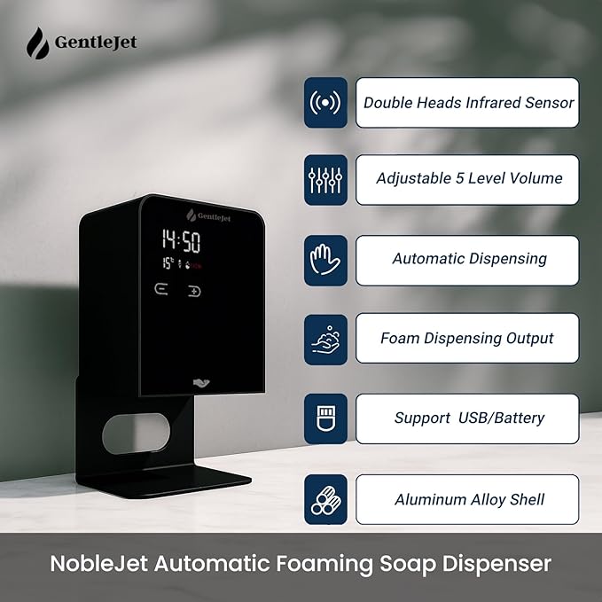 NobleJet Automatic Foaming Soap Dispenser Touchless - USB-C or Battery Powered, Aluminum Alloy Body, LED Display, Wall Mount or Countertop, Adjustable Automatic Soap Dispenser Touchless