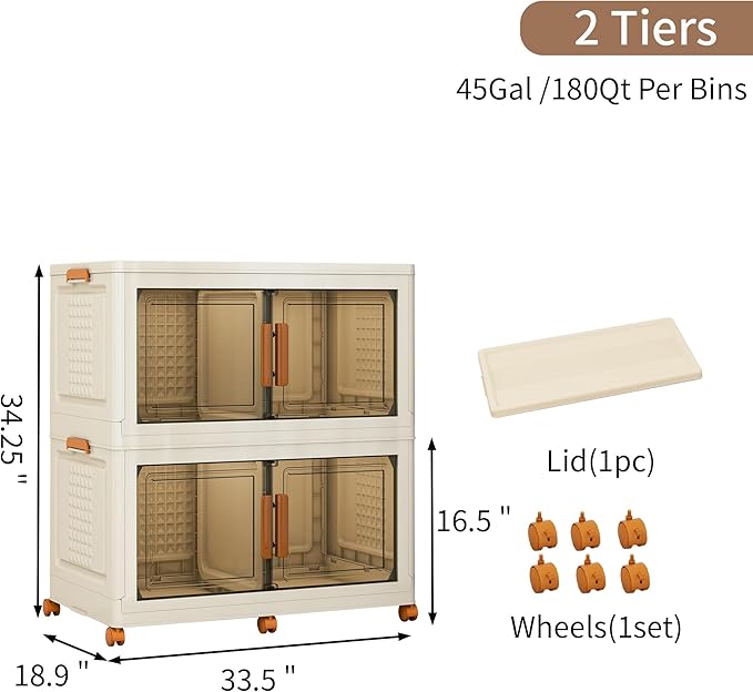 Plastic Stackable Storage Bins with Lids and Wheels, Foldable Closet Organizers and Storage Containers, Collapsible Clear Drawer Storage Cabinet with Doors Ivory White 360 QT