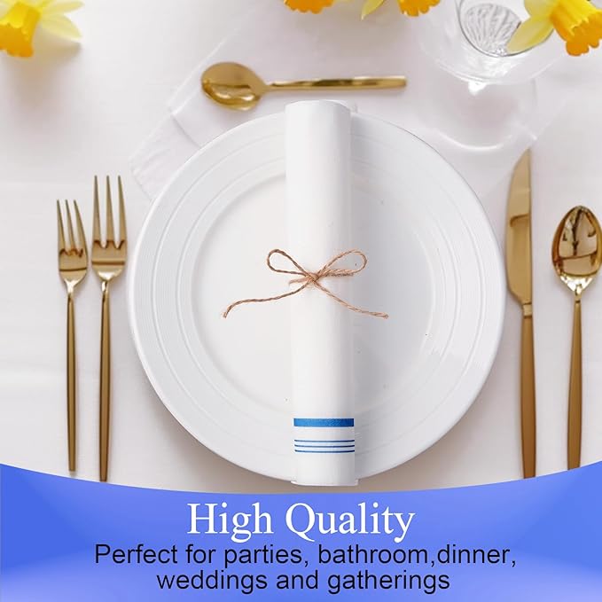 100 Disposable Paper Hand Towels for Bathroom, Linen Feel Guest Towels, Soft and Absorbent Paper Towels Napkins Bulk for Home Dinner Kitchen Wedding, 12" x 17"(Blue Trim Lined)