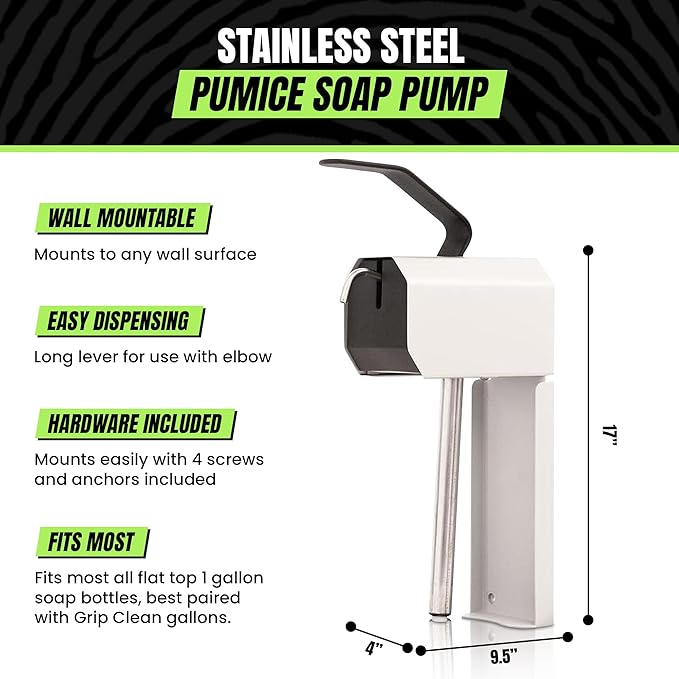 Grip Clean Stainless Steel Heavy Duty Pumice Hand Soap Dispenser - Wall Mounted Hand Soap Gallon Refill Fits Flat Top Refill Bottles - Rugged Gallon Dispenser for Commercial/Industrial