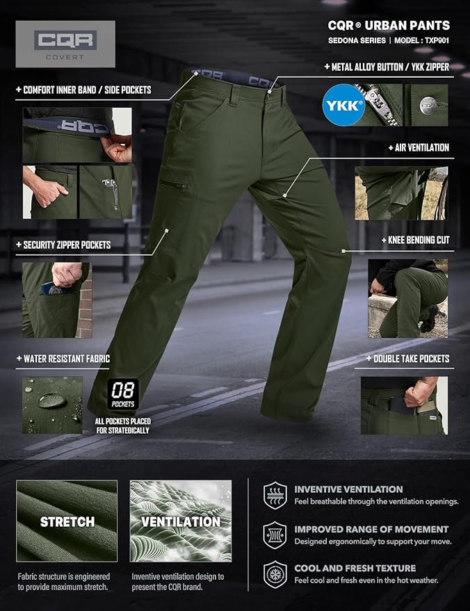 CQR Men's Vent Stretch Pants, Quick Dry Lightweight Casual Cargo Pants, Water Resistant Straight-Fit Utility Work Pants