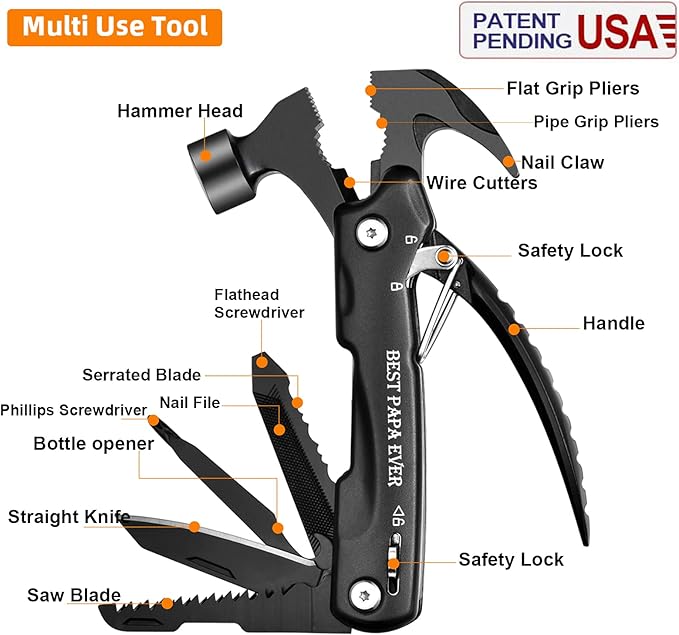 VEITORLD Papa Gifts for Christmas, All in One Tools Hammer Multitool, Gifts for Papa from Grandkids Grandchildren, Best Papa Ever Gifts, Stocking Stuffers for Men, Cool Gadgets Camping Accessories
