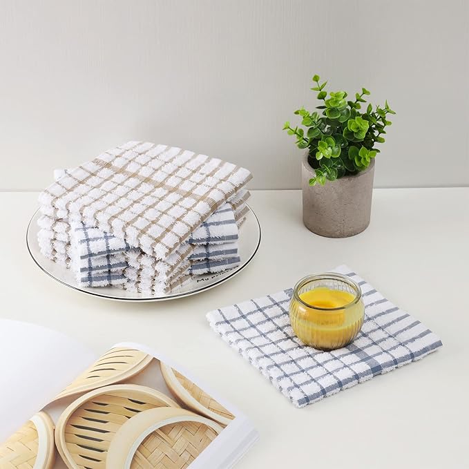 Egles 6 Packs Kitchen Dishcloths, 100% Cotton Grid Terry Dish Cloths 12" x 12" Ultra Soft Super Absorbent Dishrag Reusable Dishcloth, Multi-Purpose Quick Drying Hand Dish Towel Set with Hanging Loop