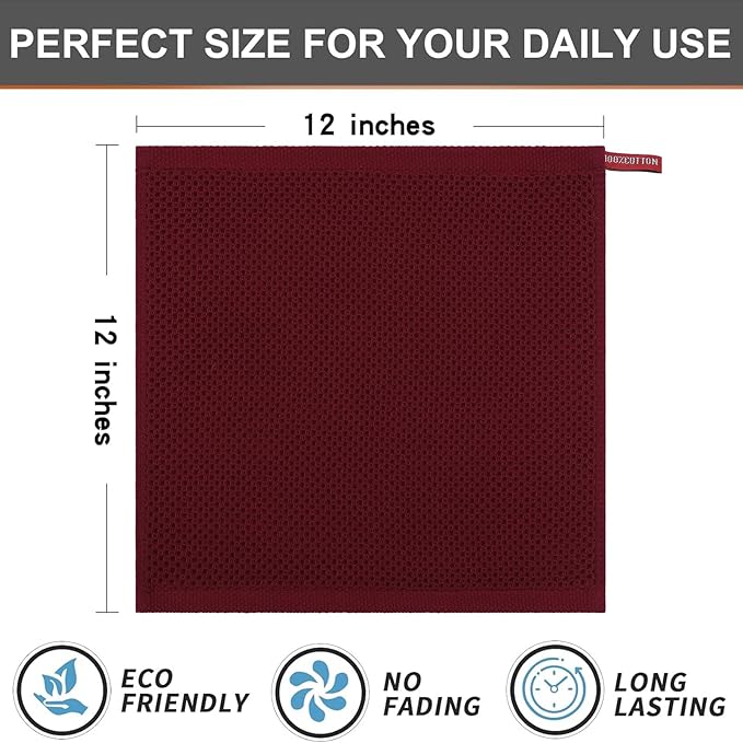 Kitinjoy 100% Cotton Kitchen Dish Cloths, 8 Pack Waffle Weave Ultra Soft Absorbent Dish Towels for Drying Dishes Quick Drying Kitchen Towels Dish Rags, 12 X 12 Inches, Burgundy