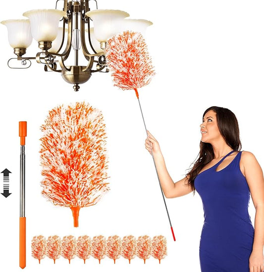 20-49inches Extendable Microfiber Feather Duster with 10pcs Replaceable Heads, Extra Long Bendable Duster for Cleaning, Electrostatic Dust Remove for Furniture, Ceiling, Window,etc (Orange)