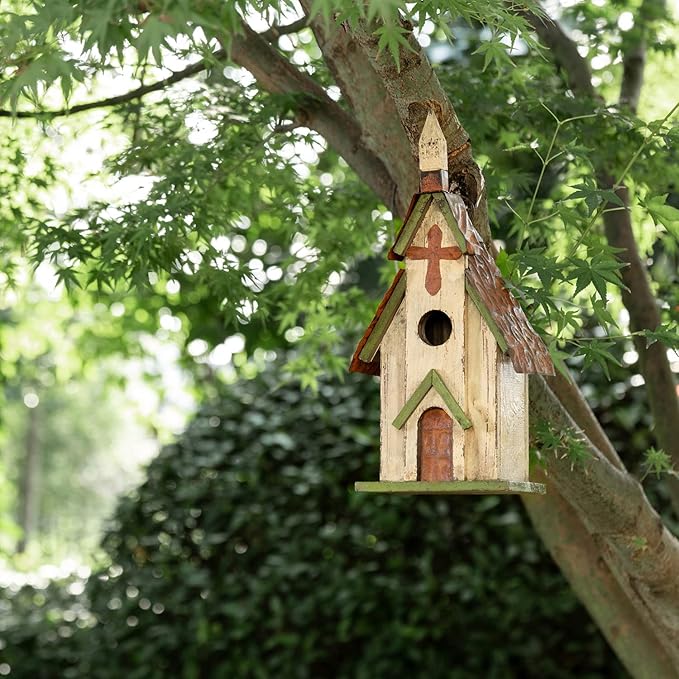 Glitzhome 14" H Hanging Distressed Wooden Church Birdhouse Garden Decor