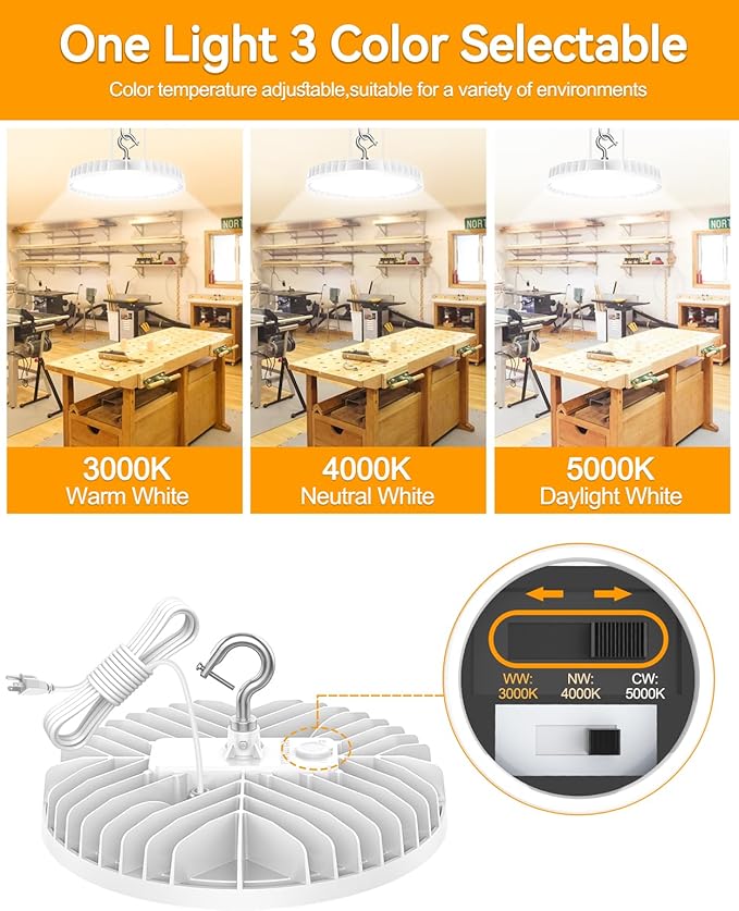 High Bay LED Lights UL DLC Listed Adjustable 240W/190W/140W 3000K/4000K/5000K Dimmable UFO LED Shop Light for Gym Factory Warehouse