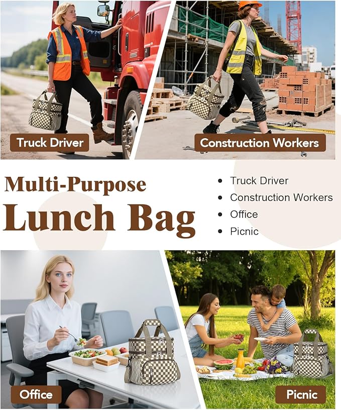 Lunch Box for Women, Double Insulated Lunch Bag Reusable Leakproof Cooler Bag Portable Picnic Food Bag, Adult Lunch Tote Lunch Bag for Work, Office, Travel, Beach - Corduroy Khaki Checkered