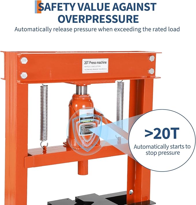 Hydraulic Press 20 Ton Hydraulic Shop Press H-Frame Garage Floor Adjustable Shop Press with 2 Plates Adjustable Working Table Height, Orange