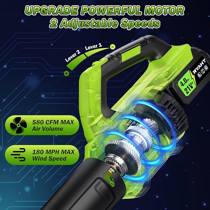 RYAHT Leaf Blower Cordless, Leaf Blower with Battery and Charger - 2 x 4.0Ah Batteries, 2 Speed Modes, 21V Powerful Electric Leaf Blower for Lawn Care, Patio Cleaning and Dust, Green