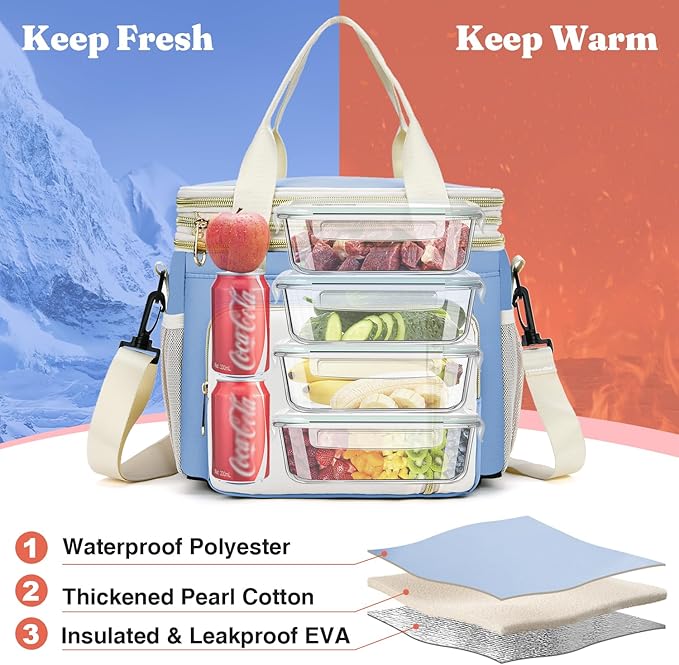 LOKASS Expandable Lunch Box for Women Men | Adult Lunchbag Cooler Tote Bag with Adjustable Shoulder Strap | Insulated Reusable Womens Lunch Bags for Work Camping Beach | 16L, Baby Blue