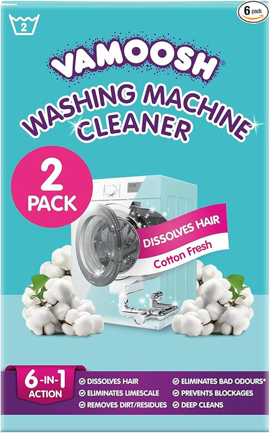 Vamoosh 6-in-1 Washing Machine Cleaner | Dissolves Pet Hair | No Harmful Chemicals | Removes Limescale | Eliminates Odor | Descales | Cotton Fresh Scent | For Front Load. | 150g (Pack of 6)