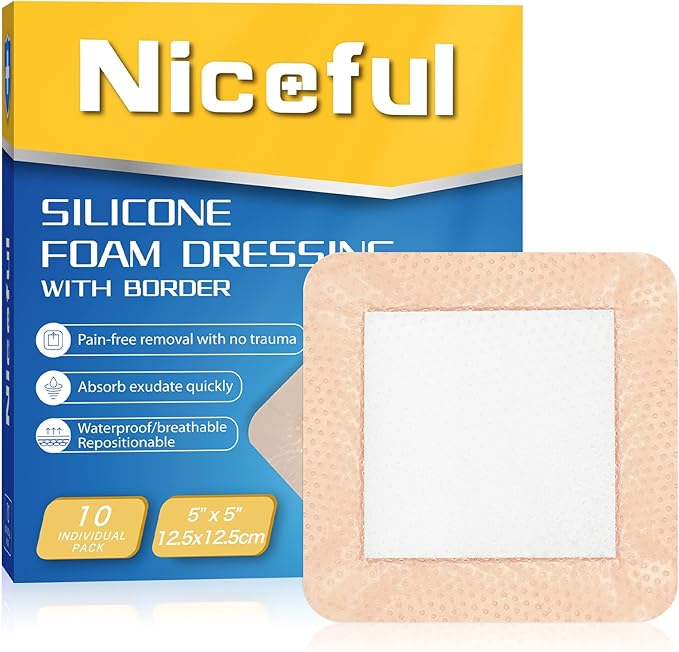 10 Count 5" x 5" Silicone Foam Dressing with Gentle Border (3" x 3" Pad) – Bandages for Wounds, Pressure Sores Post-Surgery Incisions Abrasions & Blisters, High Absorbency Wound Care