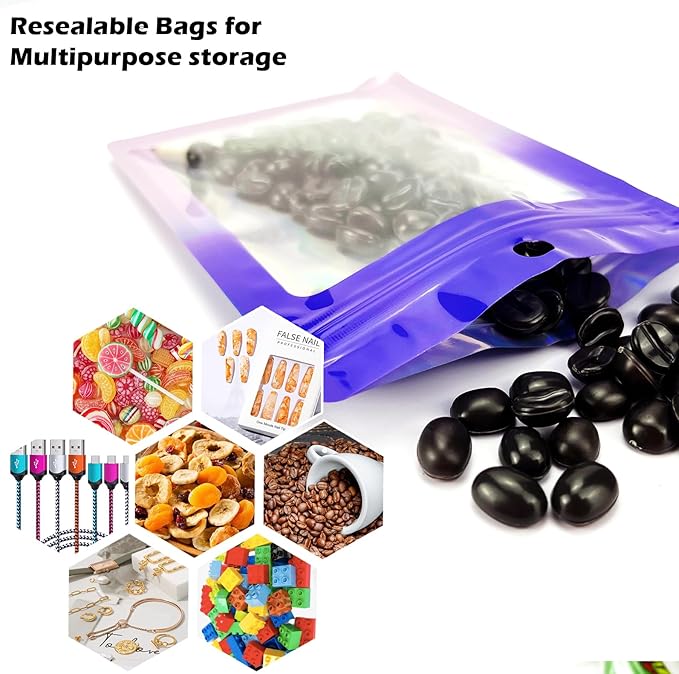 300 Pcs Holographic Mylar Bags, 3 Size Smell Proof Bags with Clear Window Foil Pouch Bags Resealable Bags for Small Business and Food Storage, Purple Pink