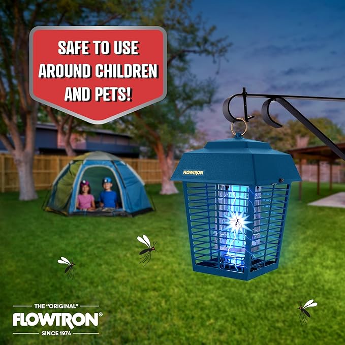 Flowtron Electric Bug Zapper 1/2 Acre Outdoor Insect Control with Dual Lure Method, 15W UV Light & Octenol Attractant for Fly & Mosquito, 5600V Kill Grid, Made in USA, UL Certified - Blue Color