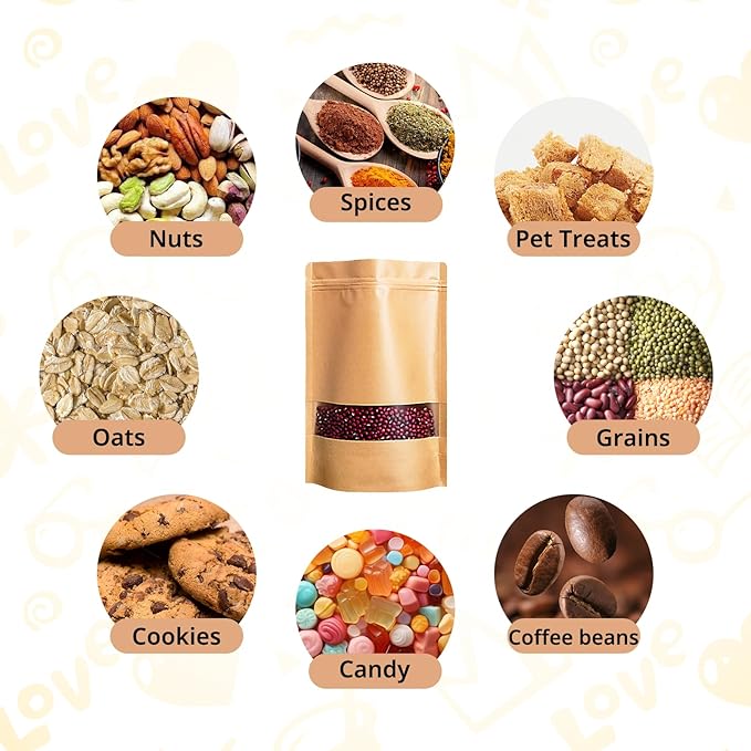 60PCS 8"X12" Kraft Paper Bags with Window,Resealable Small Stand Up Pouches for Food Storage,Reusable Zipper Lock Packaging Bags for Small Business&Personal,Candy,Cookie,Snacks,Tea,Coffee