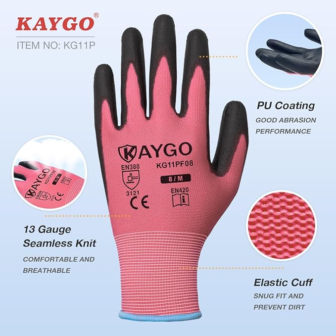 KAYGO Safety Work Gloves PU Coated-12 Pairs, KG11P Seamless Knit Glove with Polyurethane Coated Smooth Grip on Palm & Fingers, for Men and Women, Ideal for General Duty Work,Pink,Medium