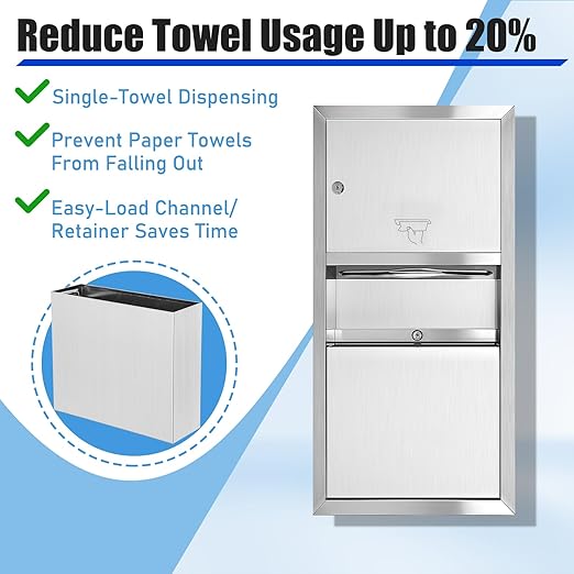LEIFIDE Classic Stainless Steel Recessed Paper Towel Dispenser with 2 Gallon Waste Can Receptacle Wall-Mounted 28" Height, 14" Width for Bathroom Commercial Restrooms