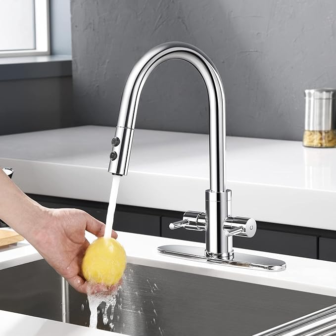 Kitchen Faucet, Two Handles Sink Faucet with Sprayer, Stainless Steel, Chrome, PB1049
